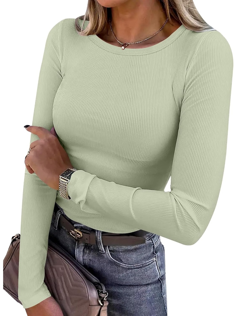 Women's Light Green Slim Lightweight Knit Long Sleeve Shirts Ribbed Fitted Tops